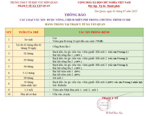 TRẠM Y TẾ XÃ TÂN QUAN THÔNG BÁO LỊCH TIÊM CHỦNG THƯỜNG XUYÊN THÁNG 8​