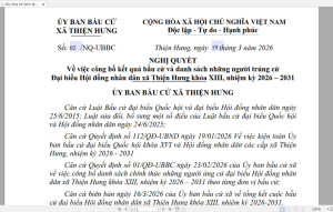 CÔNG BỐ KẾT QUẢ BẦU CỬ ĐẠI BIỂU HĐND XÃ THIỆN HƯNG NHIỆM KỲ 2026 – 2031
