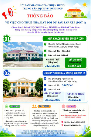 THÔNG BÁO CHO THUÊ NHÀ, ĐẤT DÔI DƯ SAU SẮP XẾP (ĐỢT 1)