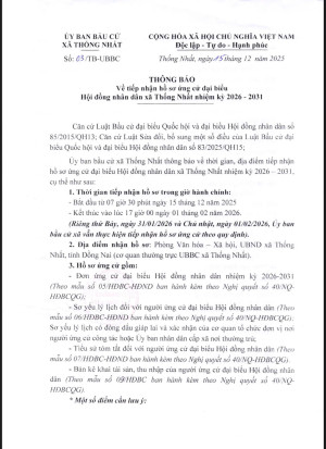 Thông Báo về về tiếp nhận hồ sơ ứng cử đại biểu Hội đồng nhân dân xã Thống Nhất nhiệm kỳ 2026-2030