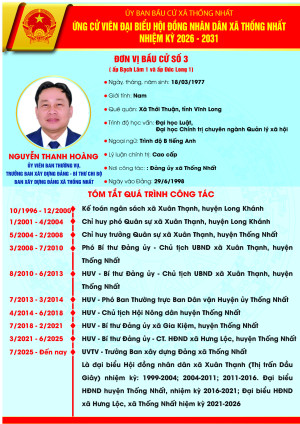 TIỂU SỬ TÓM TẮT CỦA NGƯỜI ỨNG CỬ ĐẠI BIỂU HỘI ĐỒNG NHÂN DÂN XÃ THỐNG NHẤT, NHIỆM KỲ 2026-2031 ĐƠN VỊ BẦU CỬ SỐ 3