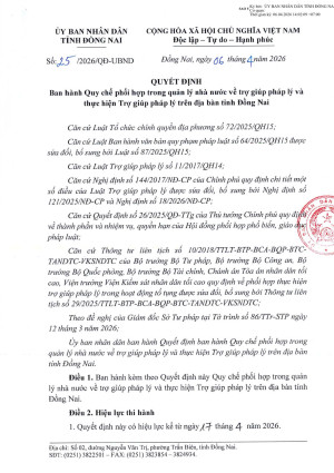 Quyết định Ban hành Quy chế phối hợp trong quản lý nhà nước về trợ giúp phát lý và thực hiện trợ giúp pháp lý trên địa bàn tỉnh Đồng Nai