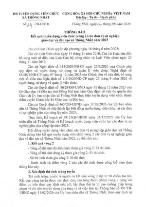 Kết quả tuyển dụng viên chức (vòng 2) các đơn vị sự nghiệp  giáo dục và đào tạo xã Thống Nhất năm 2025