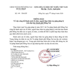 THÔNG BÁO Về việc công bố Danh sách tổ chức, người thực hiện trợ giúp pháp lý  trên địa bàn thành phố Đồng Nai