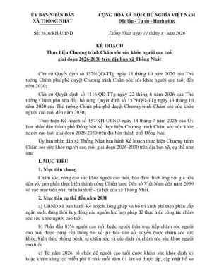 KẾ HOẠCH Thực hiện Chương trình Chăm sóc sức khỏe người cao tuổi giai đoạn 2026-2030 trên địa bàn xã Thống Nhất