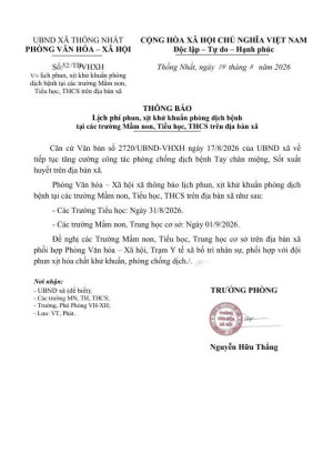 THÔNG BÁO  Lịch phí phun, xịt khử khuẩn phòng dịch bệnh  tại...
