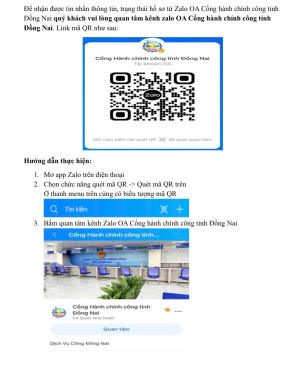Hướng dẫn nhận thông tin, thông báo trạng thái hồ sơ thủ tục hành chính trực tuyến trên Zalo
