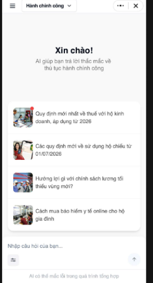 AI - Zalo E-Government (Chính quyền điện tử trên Zalo) hỗ trợ người dân và doanh nghiệp thực hiện thủ tục hành chính, tra cứu thông tin