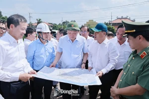 Lãnh đạo tỉnh Đồng Nai báo cáo tình hình triển khai thực hiện Đề án Chuyển đổi Khu công nghiệp Biên Hòa 1 thành Khu đô thị - thương mại - dịch vụ và cải thiện môi trường với Ủy viên Bộ Chính trị, Phó Thủ tướng Thường trực Chính phủ Nguyễn Hòa Bình và đoàn