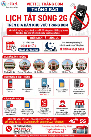 Thông báo lịch tắt sóng 2G của Viettel trên địa bàn phường Trảng Bom