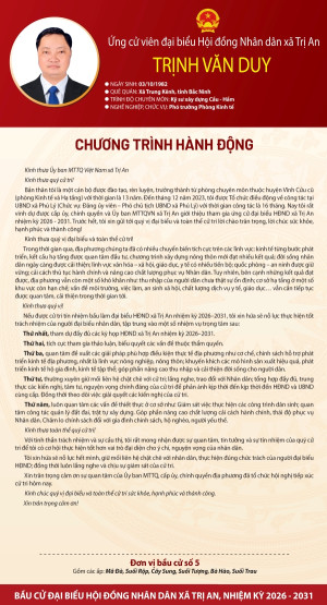 Chương trình hành động của ứng cử viên Trịnh Văn Duy đơn vị bầu cử số 5