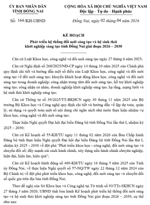 ĐỒNG NAI ĐẨY MẠNH PHÁT TRIỂN HỆ SINH THÁI ĐỔI MỚI SÁNG TẠO, KHỞI NGHIỆP SÁNG TẠO GIAI ĐOẠN 2026–2030