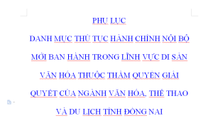 PHỤ LỤC DANH MỤC THỦ TỤC HÀNH CHÍNH NỘI BỘ MỚI BAN HÀNH TRONG LĨNH VỰC DI SẢN VĂN HÓA THUỘC THẨM QUYỀN GIẢI QUYẾT CỦA NGÀNH VĂN HÓA, THỂ THAO VÀ DU LỊCH TỈNH ĐỒNG NAI