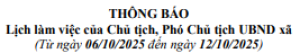 Thông báo lịch làm việc của Chủ tịch, Phó Chủ tịch UBND xã (Từ ngày 06/10/2025 đến ngày 12/10/2025)