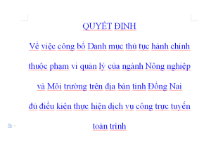 Quyết định về việc công bố Danh mục thủ tục hành chính thuộc phạm vi quản lý của ngành Nông nghiệp và Môi trường trên địa bàn tỉnh Đồng Nai đủ điều kiện thực hiện dịch vụ công trực tuyến toàn trình