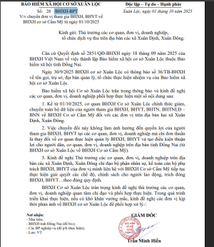 Thông báo chuyển đơn vị tham gia BHXH, BHYT về BHXH cơ sở Cẩm Mỹ từ ngày 01/10/2025