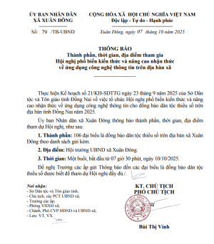UBND xã Xuân Đông thông báo thành phần, thời gian, địa điểm tham gia Hội nghị phổ biến kiến thức và nâng cao nhận thức về ứng dụng công nghệ thông tin trên địa bàn xã