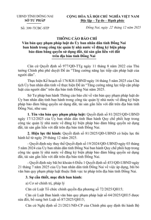 Thông cáo báo chí Văn bản quy phạm pháp luật do Ủy ban nhân dân tỉnh Đồng Nai ban hành trong công tác quản lý nhà nước về đăng ký biện pháp bảo đảm bằng quyền sử dụng đất, tài sản gắn liền với đất trên địa bàn tỉnh Đồng Nai
