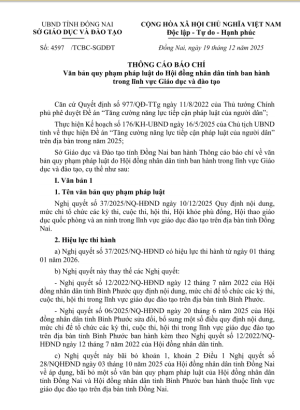 Thông cáo báo chí Văn bản quy phạm pháp luật do Hội đồng nhân dân tỉnh ban hành trong lĩnh vực Giáo dục và đào tạo