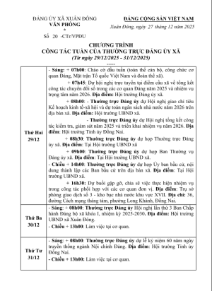 Chương trình công tác tuần của Đảng ủy xã Xuân Đông