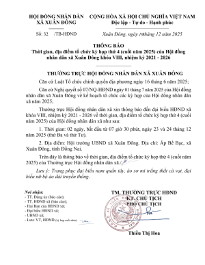 Thông báo thời gian, địa điểm tổ chức kỳ họp thứ 4 HĐND xã Xuân Đông khóa VIII, nhiejm kỳ 2021 - 2026
