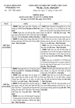 Thông báo lịch làm việc tuần của UBND tỉnh Đồng Nai