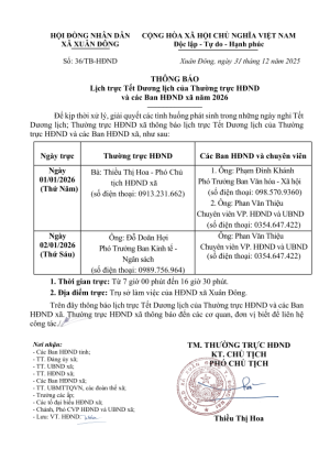 THÔNG BÁO LỊCH TRỰC TẾT CỦA THƯỜNG TRỰC HĐND VÀ CÁC BAN HĐND XÃ XUÂN ĐÔNG