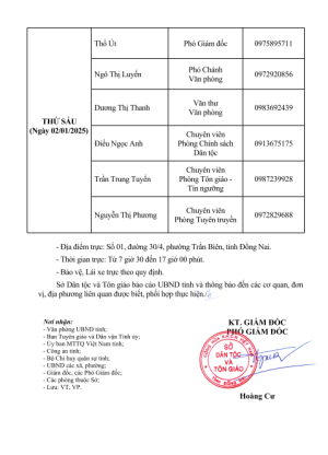 Sở Dân tộc và Tôn giáo thông báo phân công trực xử lý công việc nhân dịp tết dương lịch