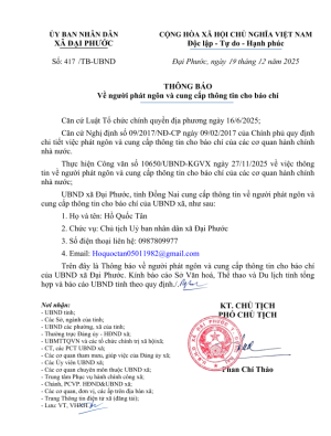 Thông báo người phát ngôn và cung cấp thông tin cho báo chí xã Đại Phước