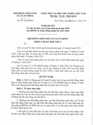 Nghị quyết về việc tổ chức các kỳ họp thường lệ na2m 2026 của HĐND xã Xuân Đông nhiệm kỳ 2021 - 2026