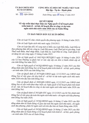 Quyết định về việc triển khai thực hiện các Nghị quyết về kế hoạch phát triển kinh tế - xã hội, kế hoạch đầu tư công và dự toán ngân sách nhà nước năm 2026 của xã Xuân Đông