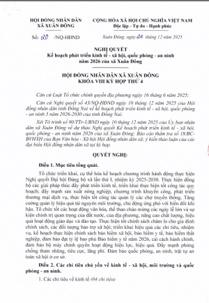 Nghi quyết kế hoạch phát triển kinh tế - xã hội, quốc phòng - an ninh năm 2026 của xã Xuân Đông