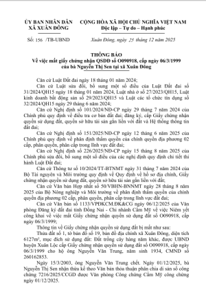 Thông báo mất Giấy chứng nhận quyền sử dụng đất của bà Nguyễn Thị Sen