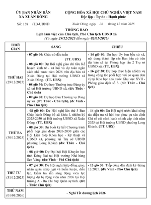 Thông báo lịch làm việc của Chủ tịch, Phó Chủ tịch UBND xã Xuân Đông