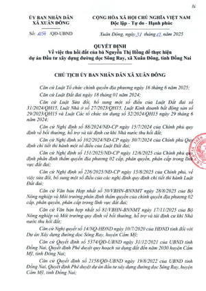 Quyết định về việc thu hồi đất của hộ bà Nguyễn Thị Hồng để thực hiện dự án Đầu tư xây dựng đường dọc Sông Ray, xã Xuân Đông, tỉnh Đồng Nai.