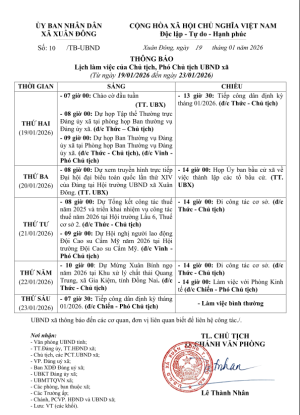 Thông báo lịch làm việc Chủ tịch, Phó Chủ tịch UBND xã Xuân Đông