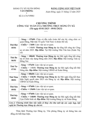 CHƯƠNG TRÌNH CÔNG TÁC TUẦN CỦA THƯỜNG TRỰC ĐẢNG ỦY XÃ