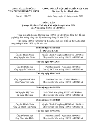 Thông báo lịch trực lễ, tết và Thứ 7, Chủ nhật tháng 1.2026