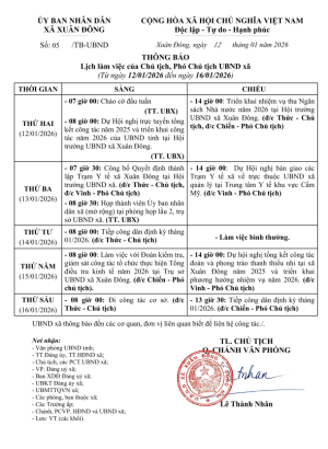 Thông báo lich làm việc của Chủ tịch, Phó Chủ tịch UBND xã từ ngày 12.01.2026 đến 16.01.2026