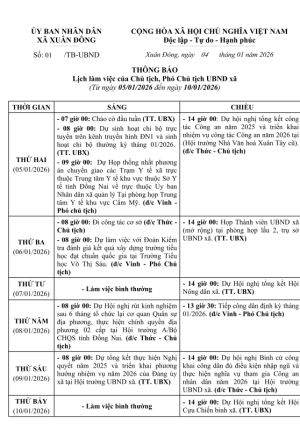 LỊCH LÀM VIỆC CỦA CHỦ TỊCH, PHÓ CHỦ TỊCH UBND XÃ