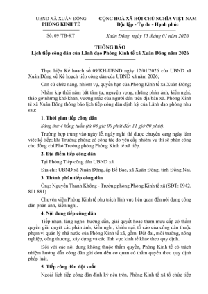 Thông báo lịch tiếp công dân của lãnh đạo Phòng Kinh tế xã Xuân Đông