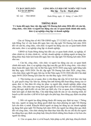 Thông báo hoán đổi ngày làm việc sau nghỉ tết dương lịch 2026 của cán bộ, công chức, viên chức