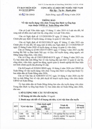 THÔNG BÁO TUYỂN VIÊN CHỨC TRUNG TÂM DỊCH VỤ TỔNG HỢP XÃ XUÂN ĐÔNG