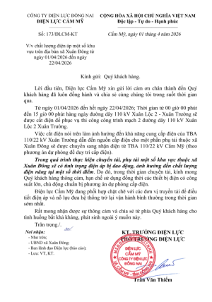 THÔNG BÁO CỦA ĐIỆN LỰC CẨM MỸ