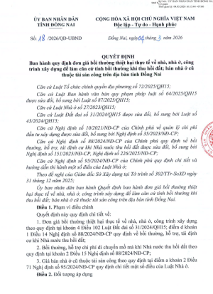 Quyết định ban hành quy định đơn giá bồi thường thiệt hại thực tế về nhà, nhà ở, công trình xây dựng để làm căn cứ tính bồi thường khi thu hồi đất; bán nhà ở cũ thuộc tài sản công trên địa bàn tỉnh Đồng Nai