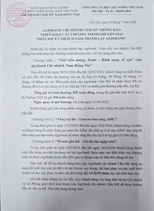 CHƯƠNG TRÌNH ƯU ĐÃI HẤP DẪN TỪ NGÂN HÀNG AGRIBANK CẨM MỸ