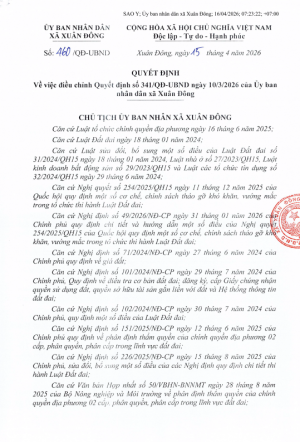 Quyết định về việc điều chỉnh Quyết định số 341/QĐ-UBND ngày 10/3/2026 của UBND xã Xuân D