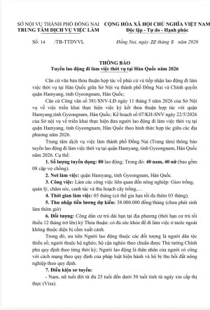 THÔNG BÁO TUYỂN LAO ĐỘNG ĐI LÀM VIỆC THỜI VỤ TẠI HÀN QUỐC