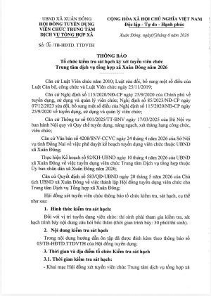 Thông báo tổ chức kiểm tra sát hạch kỳ xét tuyển viên chức Trung tâm Dịch vụ tổng hợp xã Xuân Đông năm 2026
