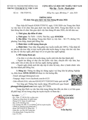 Thông báo tổ chức sàn giao dịch việc làm tháng 8